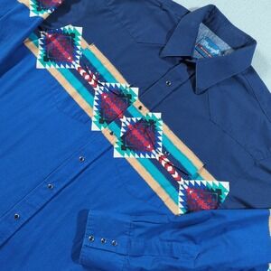 VTG Wrangler Western Shirt Mens XL Navajo Geometric Print Brushpopper Pearl Snap
